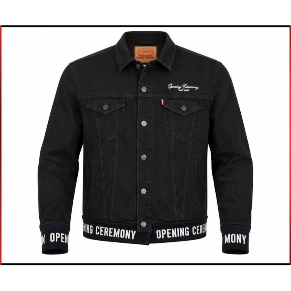 Levis Opening Ceremony 2002 Mens Black Denim Trucker Jacket Logo Hem XL